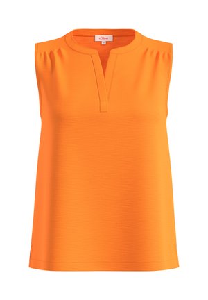 Bezrukawnik w jaskrawym pomarańczowym kolorze, z dekoltem na plastron, subtelną fakturą i marszczonymi detalami na ramionach.