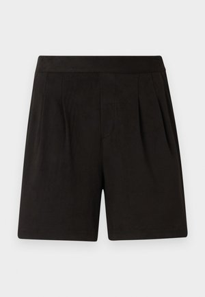 Calções pretos feitos de tecido suave, apresentando uma textura lisa, cintura elástica e um design frontal pregueado. Simples e despido de adornos.