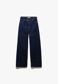 Jeans de mezclilla azul oscuro de pierna ancha con una cintura alta, diseño clásico de cinco bolsillos y acentos de remaches en tono cobre para mayor durabilidad.