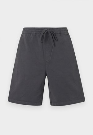 Σκούρο γκρι σορτς μήκους μέχρι το γόνατο με ελαστική μέση και κορδόνι στο μπροστινό μέρος, κατασκευασμένα από απαλό ύφασμα.