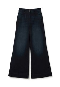 Wijd-uitlopende denim broek in donker indigo, met vier zakken, een knoopsluiting en subtiele vervaging op de bovenbenen.