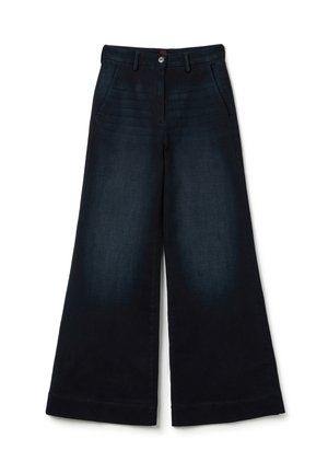 Pantaloni in denim a gamba larga di colore indaco scuro, con quattro tasche, chiusura a bottone e leggere sfumature nella parte superiore delle gambe.