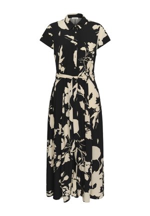 Čierne a béžové kvetinové midi šaty s krátkymi rukávmi, zapínaním na gombíky vpredu, golierom a opaskom na zaväzovanie v páse.