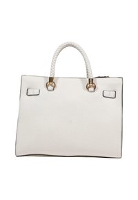 Sac à main en cuir blanc de forme rectangulaire, poignée supérieure tressée, ferrures dorées et bordures noires. Dispose de deux accents en forme d'anneau à l'avant.