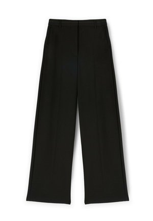 Black wide-leg trousers made of a smooth fabric, featuring a tailored waistband, two side pockets, and a clean, straight silhouette.
