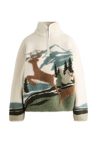 Bluza polarowa w kremowym kolorze z półzamkiem. Posiada teksturowany wzór przedstawiający skaczącego jelenia, góry i drzewa w odcieniach zieleni i brązu.