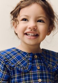 Robe à carreaux bleue avec un col à volants, une fermeture à boutons en bois et des couleurs contrastées de rose et de vert dans le motif.