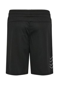 Czarne sportowe szorty z elastycznym pasem i trzema białymi wzorami w kształcie jodełek na dolnej części prawej nogi.