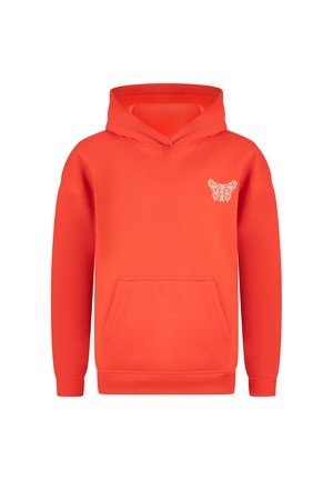 Oranje hoodie gemaakt van zacht materiaal, met een voorzak en een decoratief patroon op de borst in een contrasterende kleur.