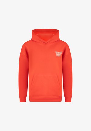 Oranje hoodie gemaakt van zacht materiaal, met een voorzak en een decoratief patroon op de borst in een contrasterende kleur.