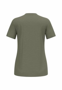 Olive green short-sleeve T-shirt made of soft cotton. Features a crew neckline and clean stitching without embellishments.