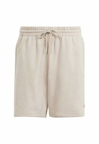 Beige stickade shorts med elastisk midja, justerbar dragsko och sidofickor; enkel design med en mjuk textur.