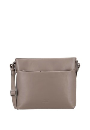 Taupefarbene rechteckige Leder-Crossbody-Tasche mit Frontreißverschlusstasche und verstellbarem Schultergurt auf weißem Hintergrund.