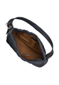 Czarna skórzana torebka; strukturalny design z gładkim wykończeniem. Brązowa podszewka z kieszonką na zamek. Regulowany pasek z metalowymi elementami w złotym kolorze.