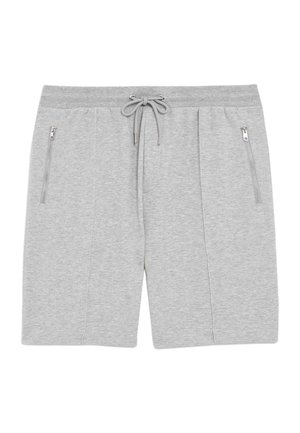 Pantalones cortos casuales de color gris claro con cintura elástica, cordón ajustable y dos bolsillos frontales verticales con cremallera.