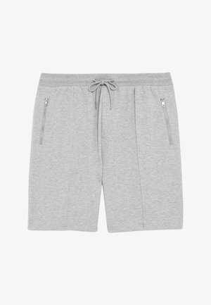 Pantalones cortos casuales de color gris claro con cintura elástica, cordón ajustable y dos bolsillos frontales verticales con cremallera.
