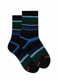Calzini di cotone a righe con linee orizzontali nere, verdi, blu e viola. Parte superiore a coste e dettaglio del logo arancione sulla punta.
