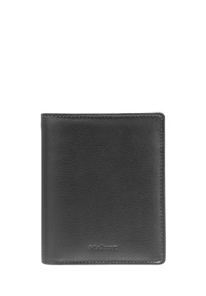 Portefeuille en cuir noir avec une finition texturée, design pliable à deux volets. Présente un logo discret et des coutures soignées le long des bords.