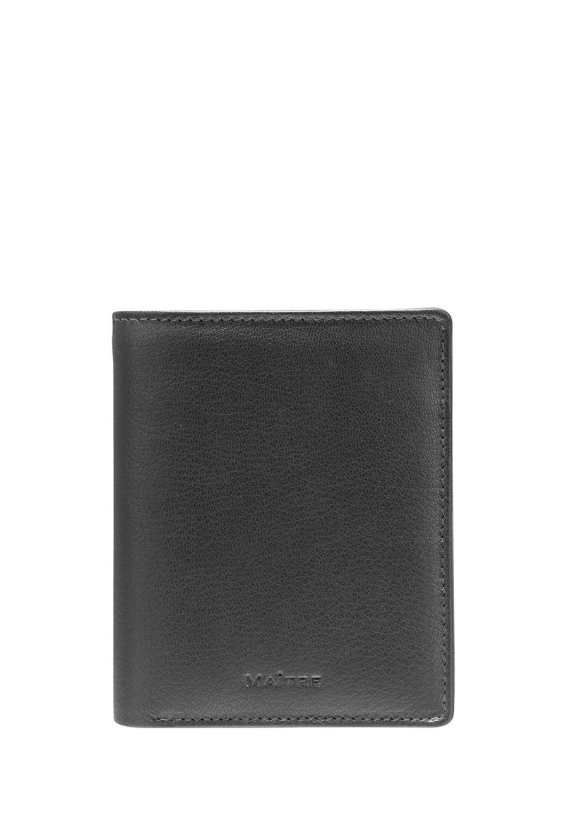 Portefeuille en cuir noir avec une finition texturée, design pliable à deux volets. Présente un logo discret et des coutures soignées le long des bords.