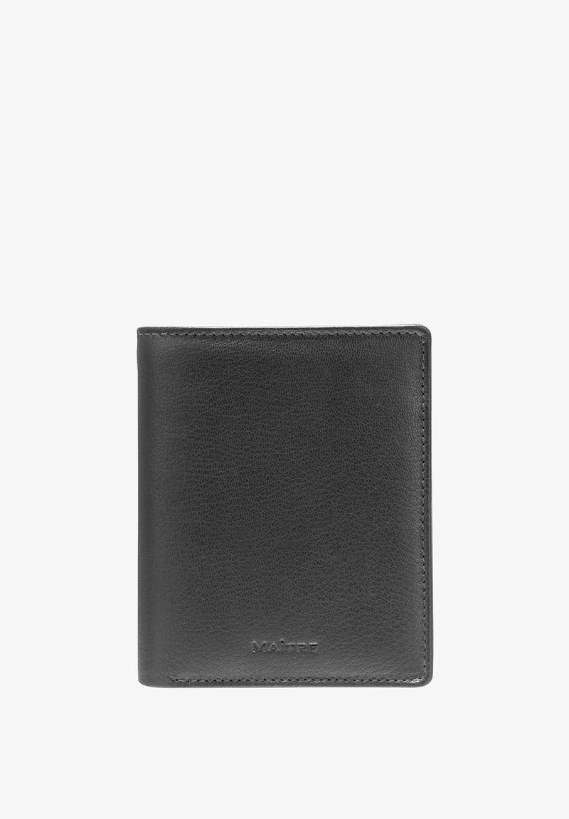 Černá kožená peněženka s texturovaným povrchem, design na dvě části. Obsahuje diskrétní branding a pečlivé švy podél okrajů.