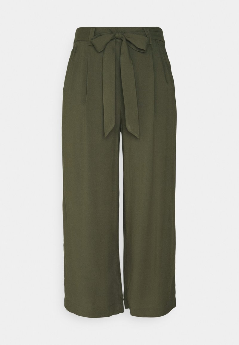 Pantalon taille haute vert olive à jambes larges avec ceinture en tissu nouée en nœud devant et poches latérales.