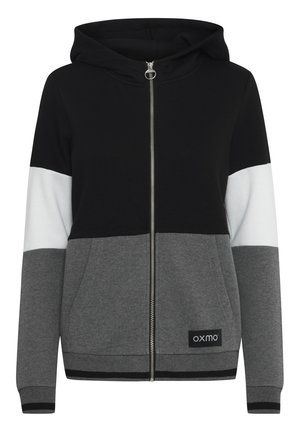 Zippered hoodie made of cotton blend fabric, featuring a color-block design in black, white, and gray with front pockets and ribbed cuffs.