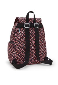 Backpack with a floral pattern in pink and black. Features a roll-top design, two adjustable straps, and a side zipper pocket.