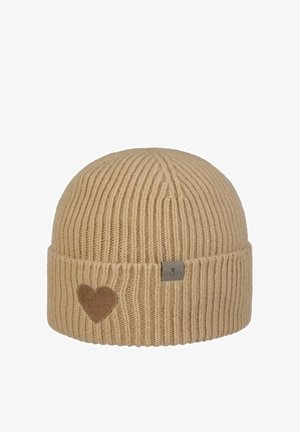Beige ribbed knit beanie with folded brim, featuring a brown heart patch and a small fabric label with brand name "Lierys."