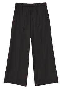 Pantaloni neri a gamba larga con vita elastica, realizzati in tessuto morbido. Presentano una parte anteriore piatta e scendono dritti fino all'orlo.