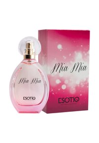 Przezroczysta szklana buteleczka na perfumy z zaokrągloną górą, zawierająca różowy płyn. Pudełko ma gradient od różowego do białego z napisem "Mia Mia" i "ESOTIQ."
