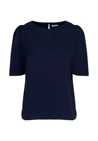 Blusa blu navy a maniche corte con scollatura rotonda, caratterizzata da delicate maniche a palloncino e un piccolo'apertura a chiave sul retro. Tessuto liscio.