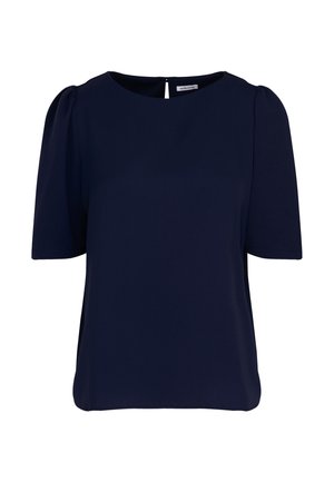 Marineblå kortærmet bluse med rund halsudskæring, der har subtile puffærmer og en lille nøglehulåbning på bagsiden. Glat stof.