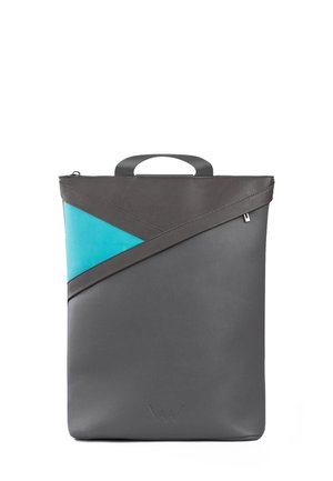 Gray leather bag with turquoise accent, featuring a geometric design, a top handle, and a zip closure. Smooth texture with logo detail.