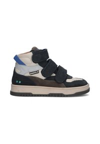 Hoge sneakers van suede en leer in marineblauw, beige en bruin. Voorzien van klittenband en een gestructureerde rubberen zool.