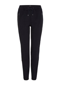 Schwarze Jogginghose aus weichem Material mit verstellbarem Kordelzugbund, seitlichen Reißverschlusstaschen und schmal zulaufenden Beinen. Glatte Textur, lässiges Design.