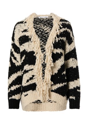 Strickjacke in Schwarz und Creme mit Fransenbesatz, mit lockerem Schnitt und abstraktem Tierprint, gefertigt aus strukturiertem Garn.