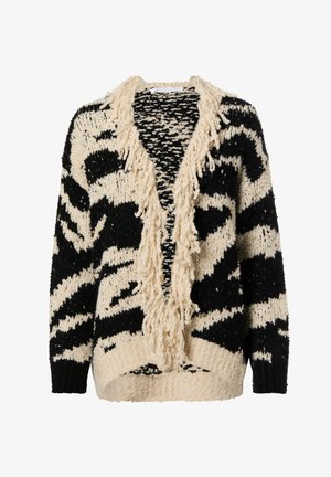 Strickjacke in Schwarz und Creme mit Fransenbesatz, mit lockerem Schnitt und abstraktem Tierprint, gefertigt aus strukturiertem Garn.