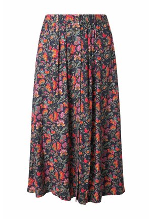 Laivastonsininen midihame, jossa kirkkaanpunainen, oranssi, vaaleanpunainen ja vihreä kukkakuvio, napillinen edessä oleva kiinnitys ja kerätty joustava vyötärö.