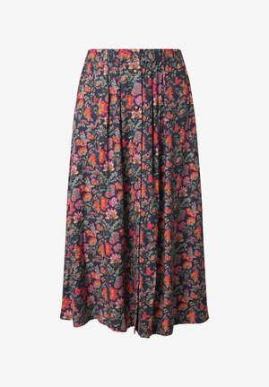 Marineblaue Midirock mit lebendigem Blumenmuster in Rot, Orange, Pink und Grün, Knopfleiste vorne und gerafftem, elastischem Bund.