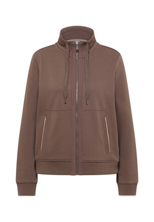 Brązowa kurtka na zamek z wysokim kołnierzem, dwoma przednimi kieszeniami, prążkowanymi mankietami i dołem oraz grubymi sznurkami przy szyi.