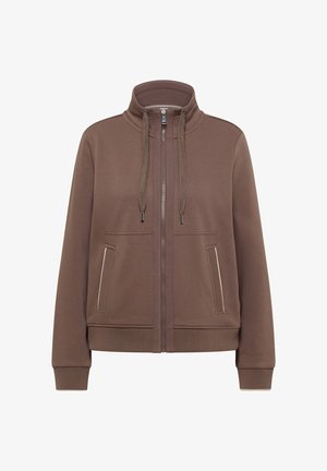 Brązowa kurtka na zamek z wysokim kołnierzem, dwoma przednimi kieszeniami, prążkowanymi mankietami i dołem oraz grubymi sznurkami przy szyi.