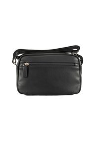 Borsa a tracolla in pelle nera con una texture liscia, tasca frontale con zip e tracolla regolabile. Forma rettangolare con design minimalista.