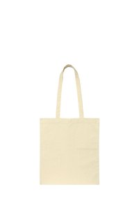 Beżowa torba tote z płótna z dwoma ramiączkami, z przestronną główną komorą i prostym wzorem, ustawiona na białym tle.