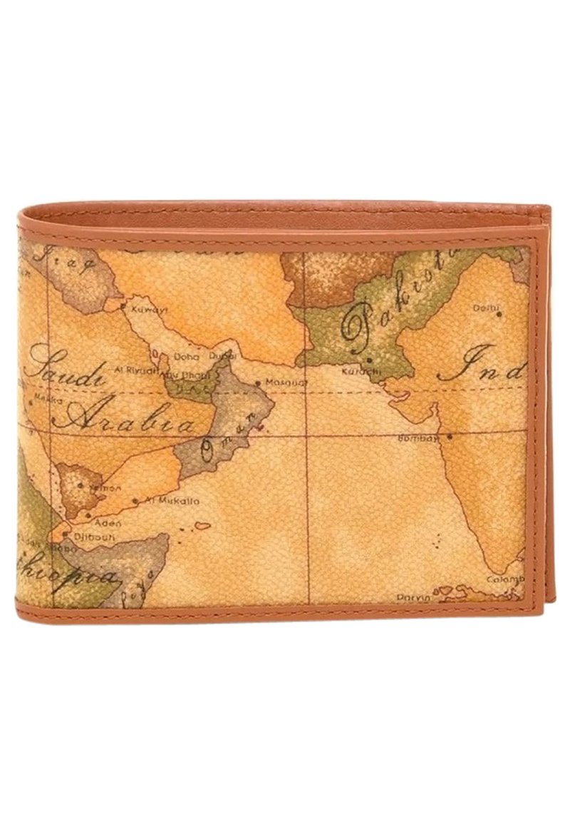 Portafoglio a motivo mappa con superficie testurizzata beige e rifiniture in pelle marrone. Mostra i dettagli geografici della penisola arabica e delle regioni vicine.