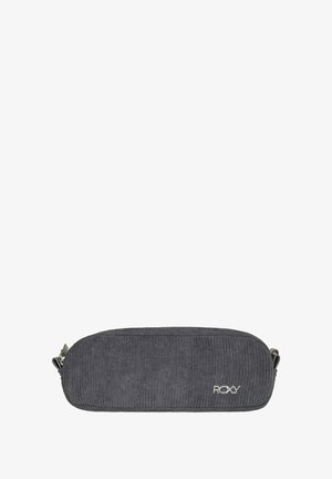 Gray corduroy bag with a rectangular shape, featuring a zip closure and a silver logo accent. Textured surface and adjustable strap.