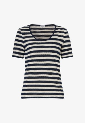 Marineblaue und weiße horizontal gestreifte, kurzärmelige Strickoberteil mit U-Boot-Ausschnitt und strukturiertem Muster.