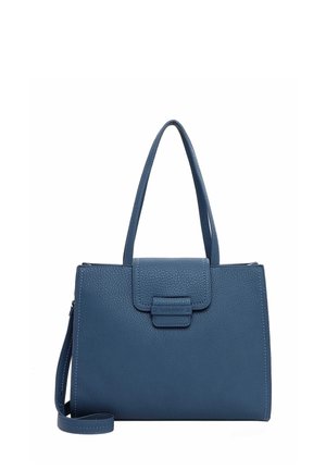 Sac à main en cuir bleu texturé avec deux poignées, fermeture à rabat avant et sangle d'épaule supplémentaire sur fond blanc.