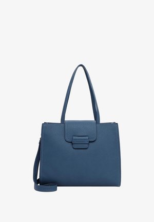 Sac à main en cuir bleu texturé avec deux poignées, fermeture à rabat avant et sangle d'épaule supplémentaire sur fond blanc.