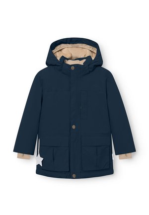 Marineblaue Jacke mit einer beige gefütterten Kapuze, Fronttaschen und goldfarbenen Verzierungen. Sie hat einen sternförmigen Reißverschlussgriff für zusätzliche Details.
