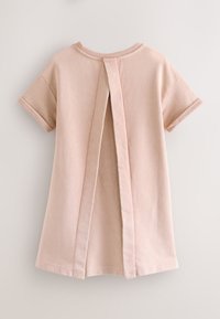 Šviesiai rožinė trumpomis rankovėmis palaidinė su apvalia iškirpte ir vertikalia skyle nugaroje. Minkšta, tekstūruota medvilninė medžiaga.